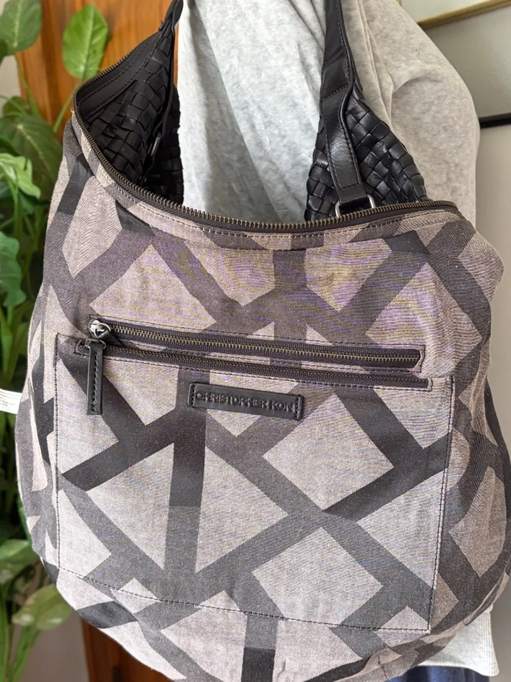 Christopher Kon Black Leather Woven Slouchy Shoulder Hobo Bag Tote Purse Designe
